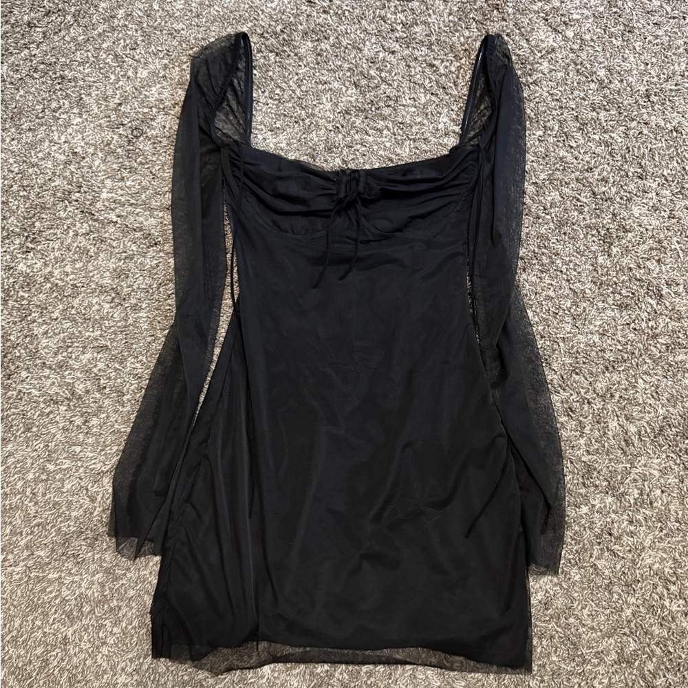 Sheer Sleeve Black Mini Dress with Square Neck